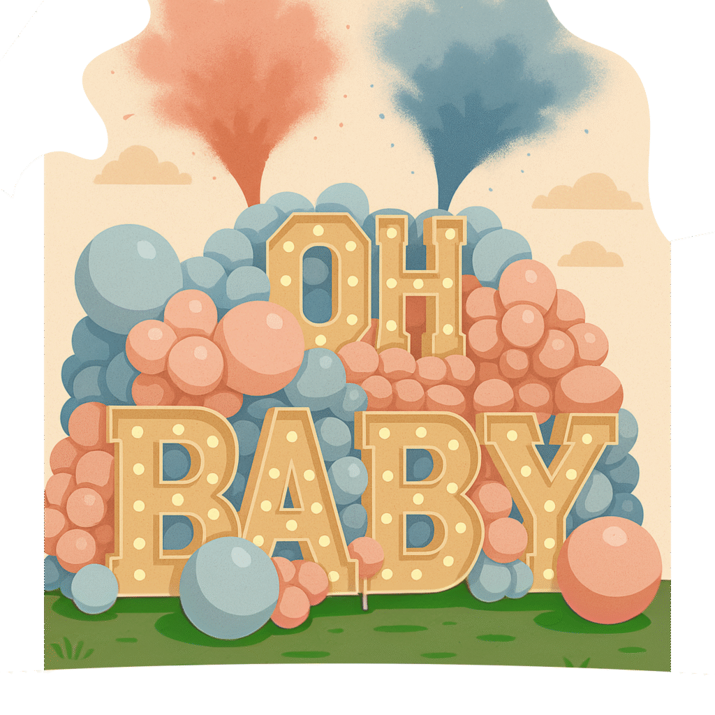 Décoration Gender Reveal avec lettres OH BABY et fumigènes colorés - SICA Event